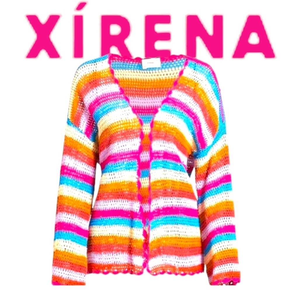 Xirena Carsyn Cardigan Multicolor Stripe Crocheted Scallop Trim Oversized XS NWT